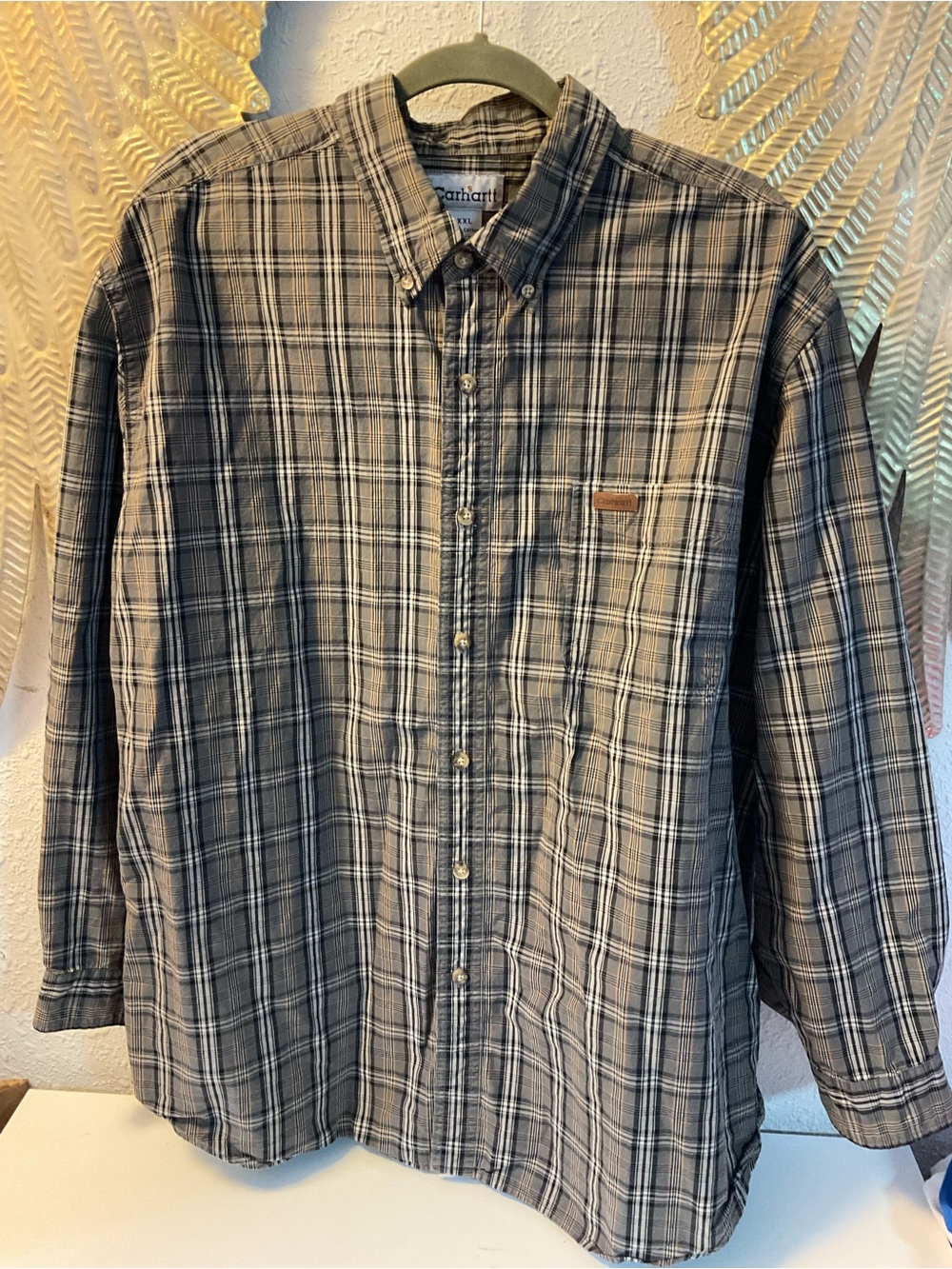 Carhartt Mens XXL Black Tan Plaid Button Down Shirt Long Sleeve Cotton